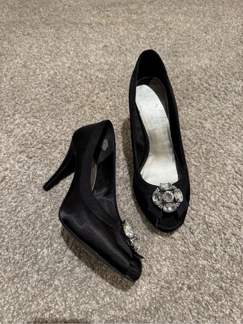 Sam & Libby Black Satin Peep-Toe Heels with Crystal Cluster